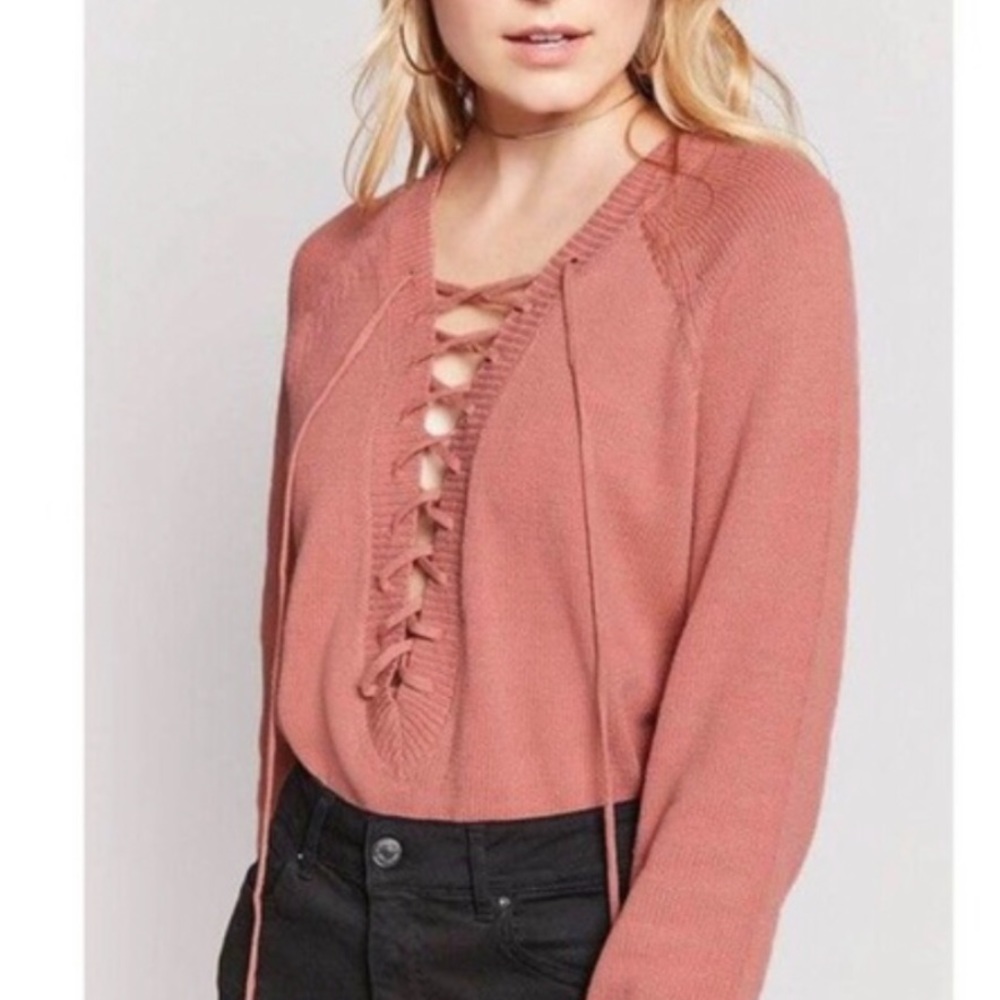 Pink Lace-up Knit Sweater